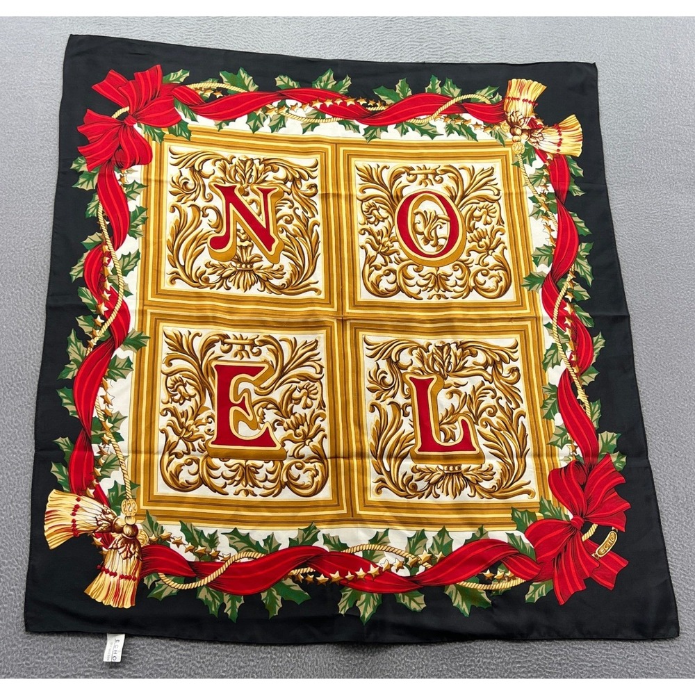 Echo Silk Scarf Noel Christmas Holiday Square Black Red Gold 31" Japan